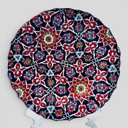 12" Hand-Painted Turkish Geometric Floral Ceramic Decorative Plate – Ottoman Iznik Inspired Wall & Display Art