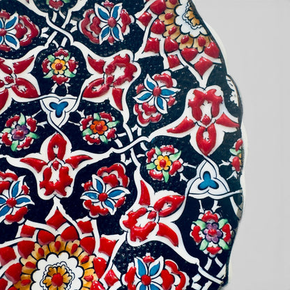 12" Hand-Painted Turkish Geometric Floral Ceramic Decorative Plate – Ottoman Iznik Inspired Wall & Display Art