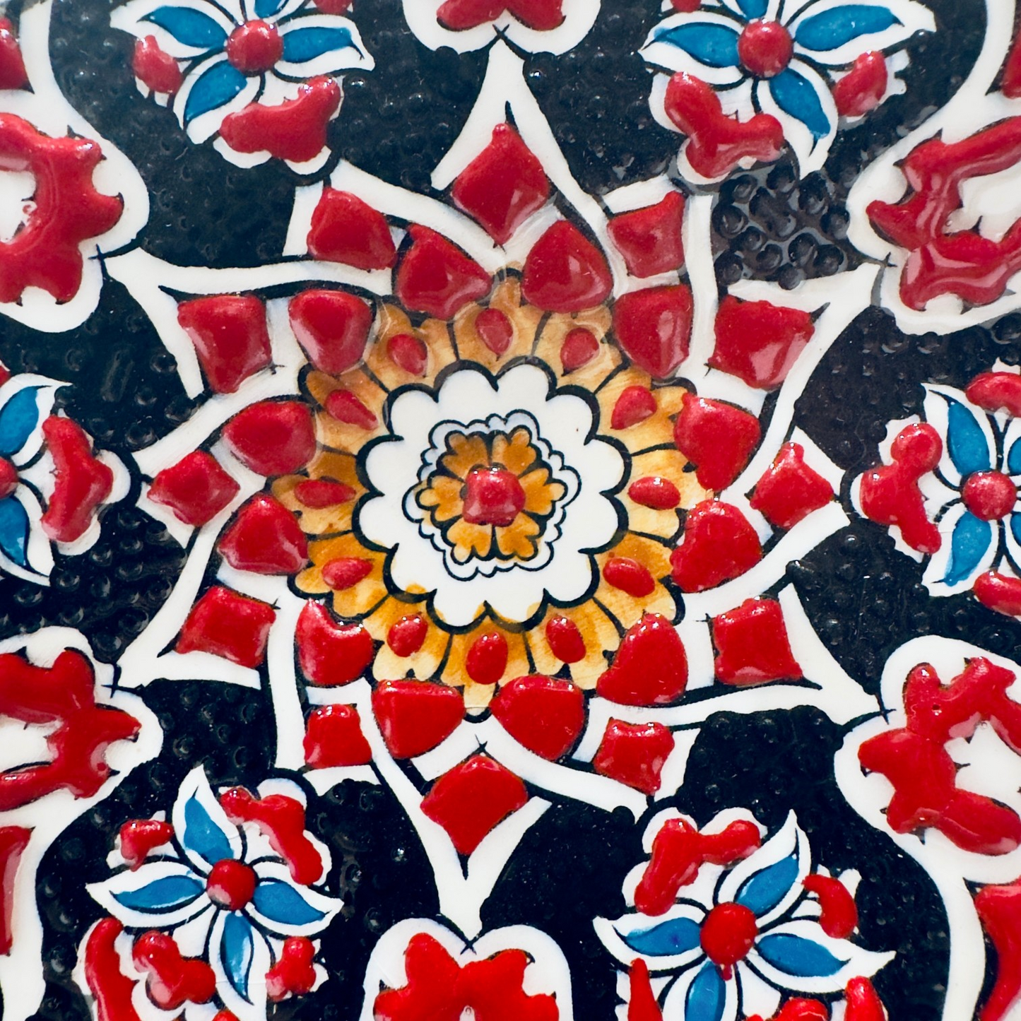 12" Hand-Painted Turkish Geometric Floral Ceramic Decorative Plate – Ottoman Iznik Inspired Wall & Display Art