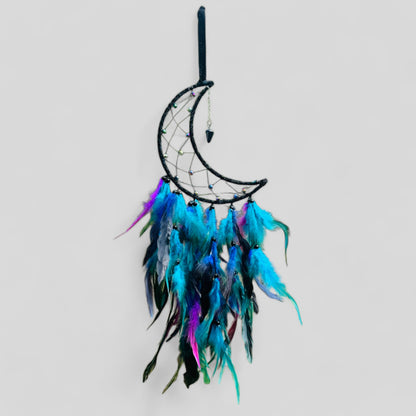 Atrapasueños de luna creciente colgante de pared mediana con plumas y encanto negro púrpura verde azul, decoración moderna del hogar estilo boho - ¡Envío rápido!