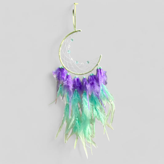 Capteur de rêves croissant de lune suspendu au mur moyen avec plumes violettes et vert clair, décoration intérieure de style Boho moderne - Expédition rapide !