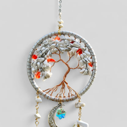 Attrape-rêves d'arbre de vie fait à la main avec charme de croissant de lune - Rétroviseur Suncatcher suspendu ou tenture murale - Pierres blanches