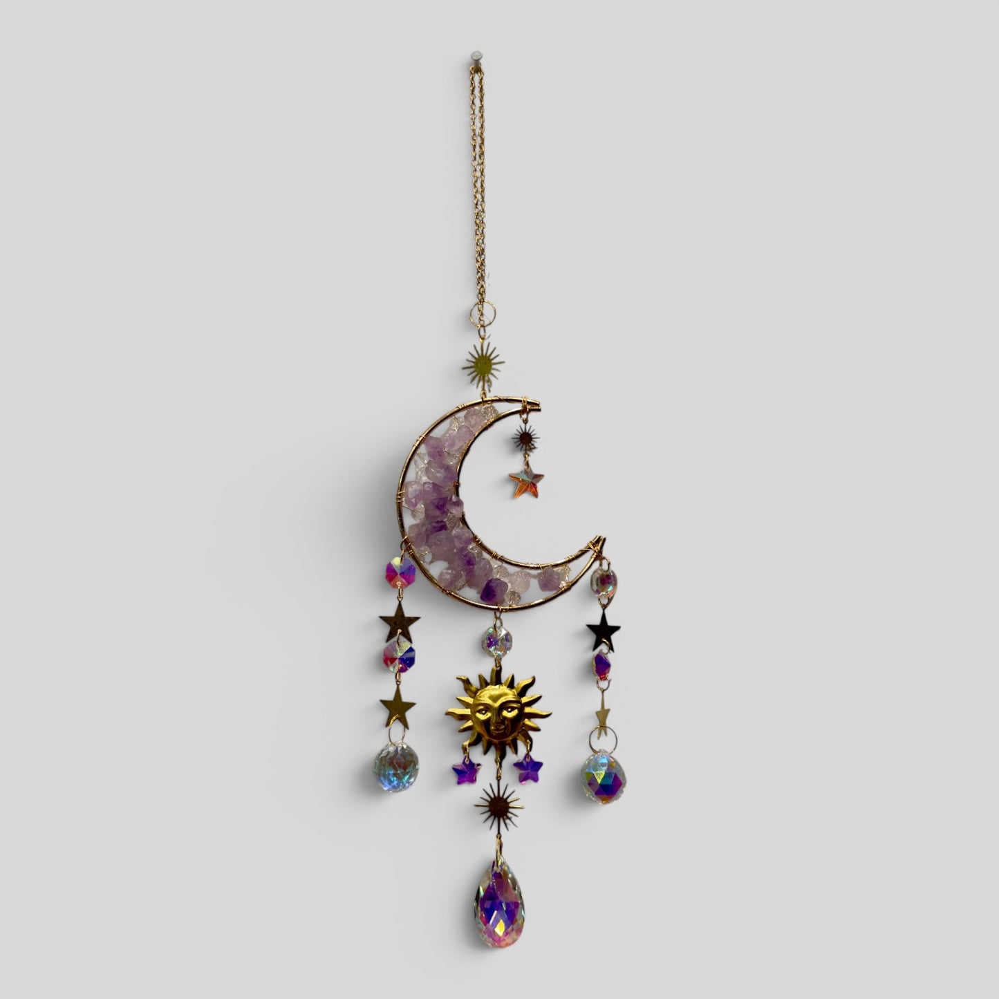 Gold Metal Amethyst Crescent Moon Celestial Crystal Suncatcher