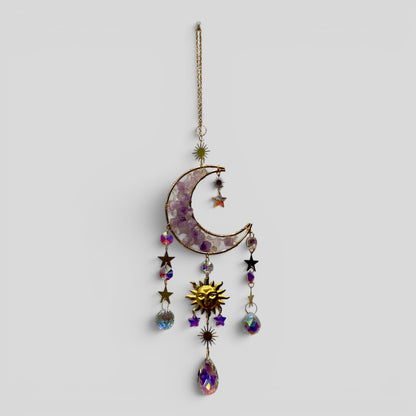 Gold Metal Amethyst Crescent Moon Celestial Crystal Suncatcher