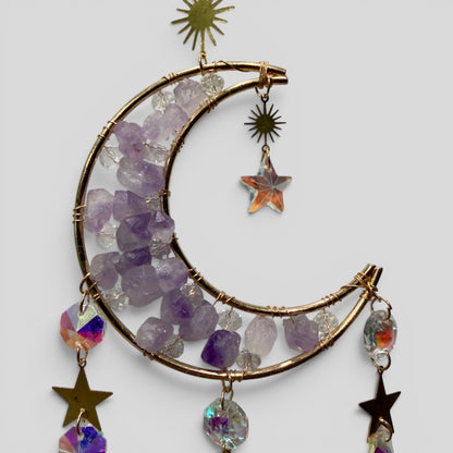 Gold Metal Amethyst Crescent Moon Celestial Crystal Suncatcher