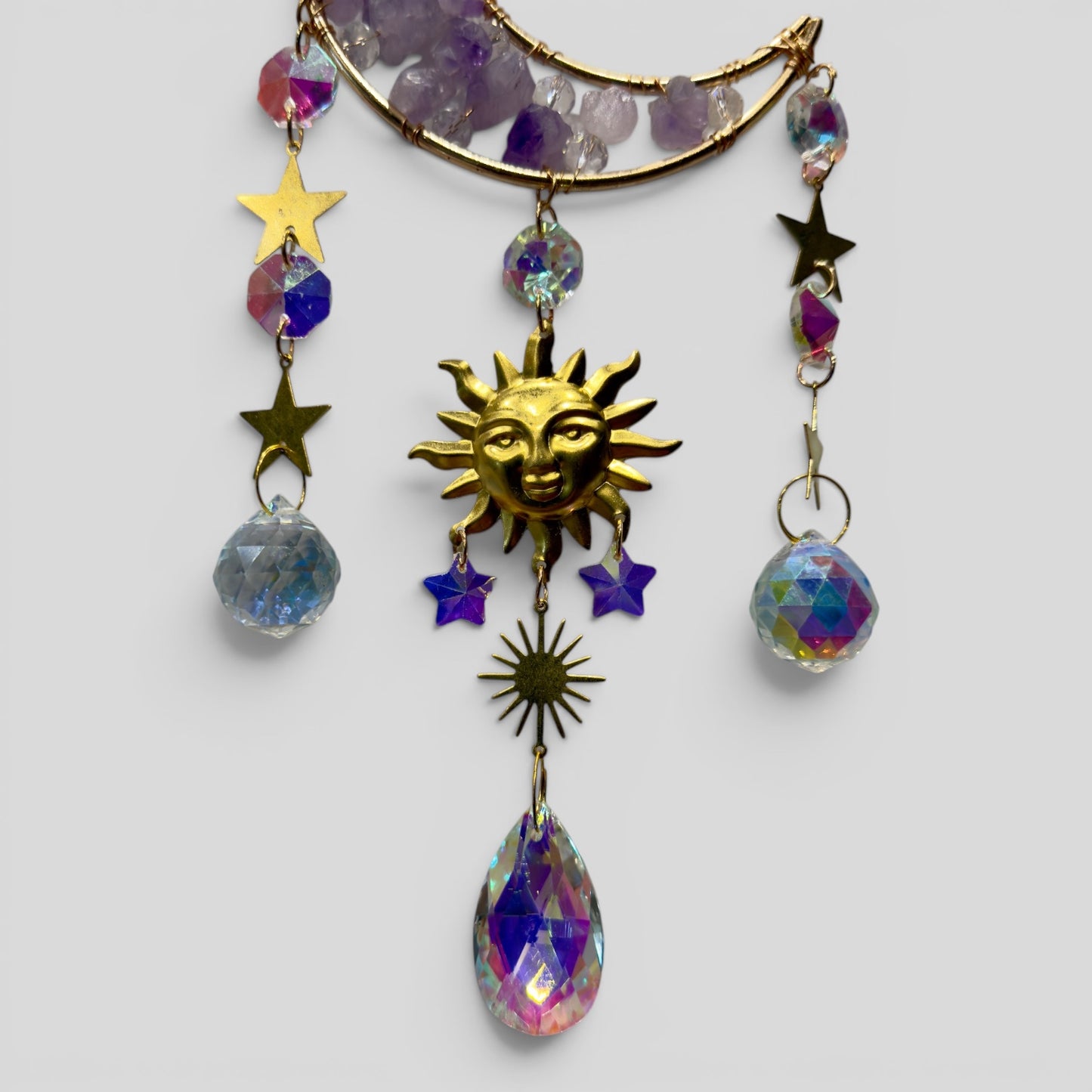 Gold Metal Amethyst Crescent Moon Celestial Crystal Suncatcher