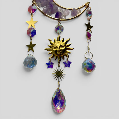 Gold Metal Amethyst Crescent Moon Celestial Crystal Suncatcher