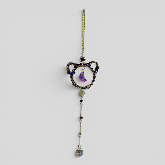 Hanging cat-and-moon suncatcher with blue beads, gold ring, crescent crystal charm