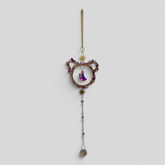 Amethyst cat and crystal moon suncatcher with purple beads, crescent moon charm, gold chain