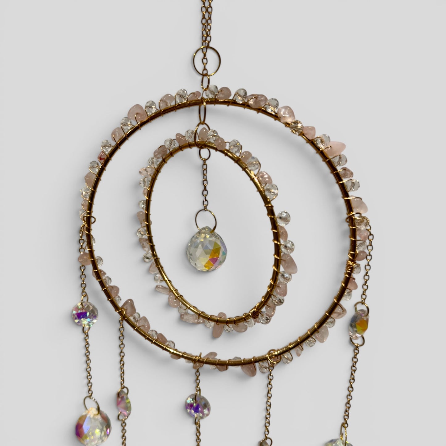 Large Rose Quartz Crystal Double Ring Suncatcher – Celestial Boho Window Hanging