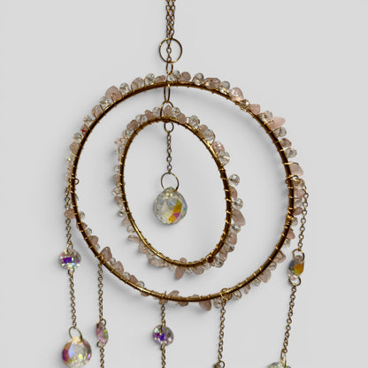 Large Rose Quartz Crystal Double Ring Suncatcher – Celestial Boho Window Hanging