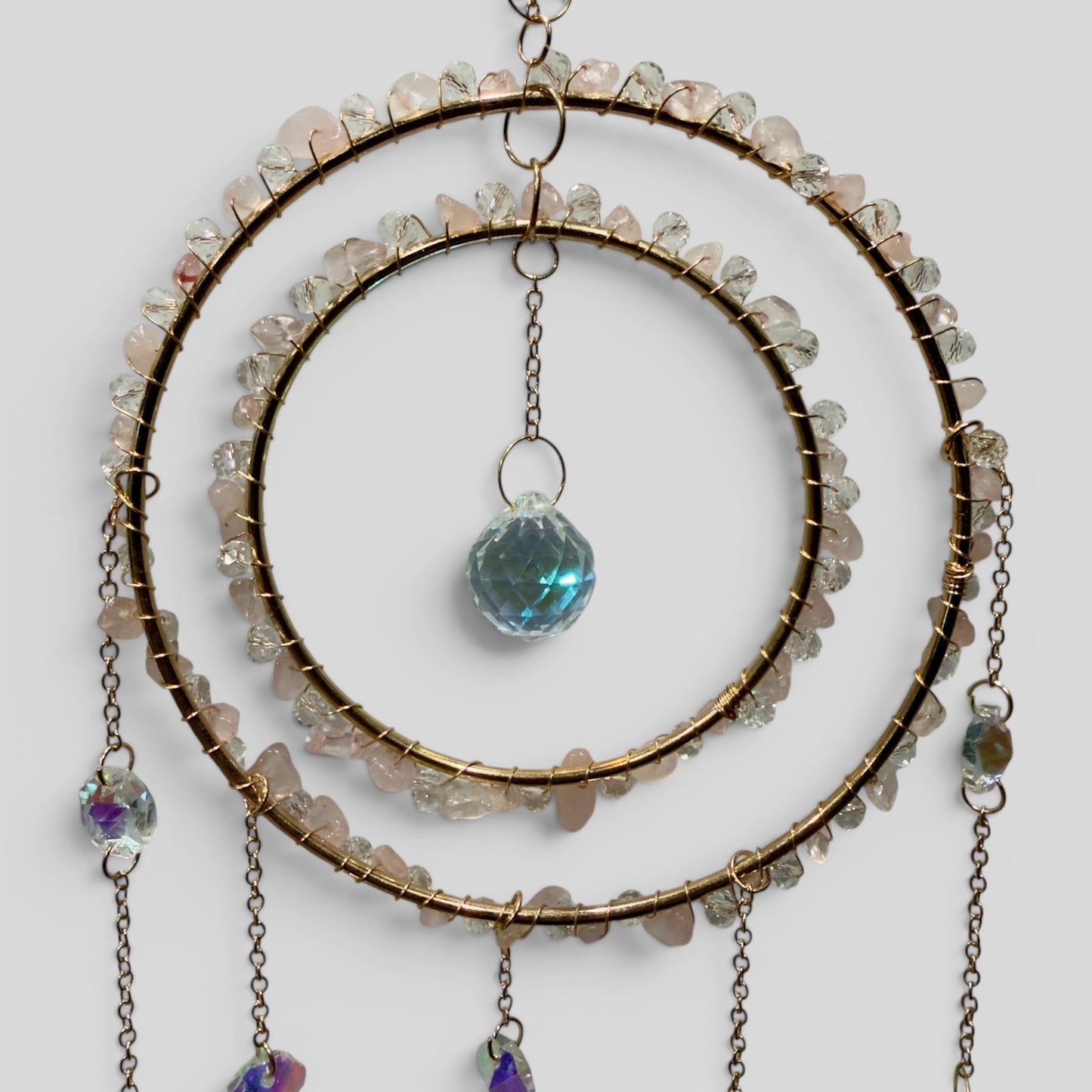 Large Rose Quartz Crystal Double Ring Suncatcher – Celestial Boho Window Hanging
