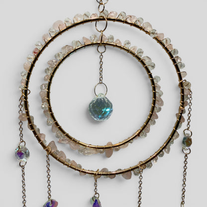 Large Rose Quartz Crystal Double Ring Suncatcher – Celestial Boho Window Hanging