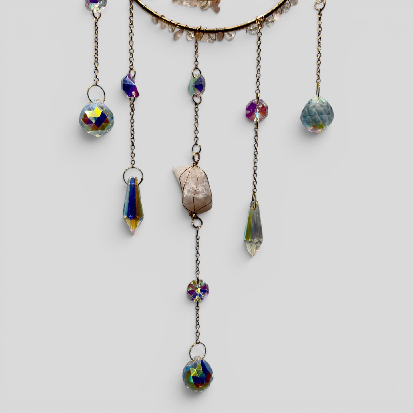 Large Rose Quartz Crystal Double Ring Suncatcher – Celestial Boho Window Hanging