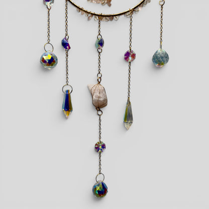 Large Rose Quartz Crystal Double Ring Suncatcher – Celestial Boho Window Hanging