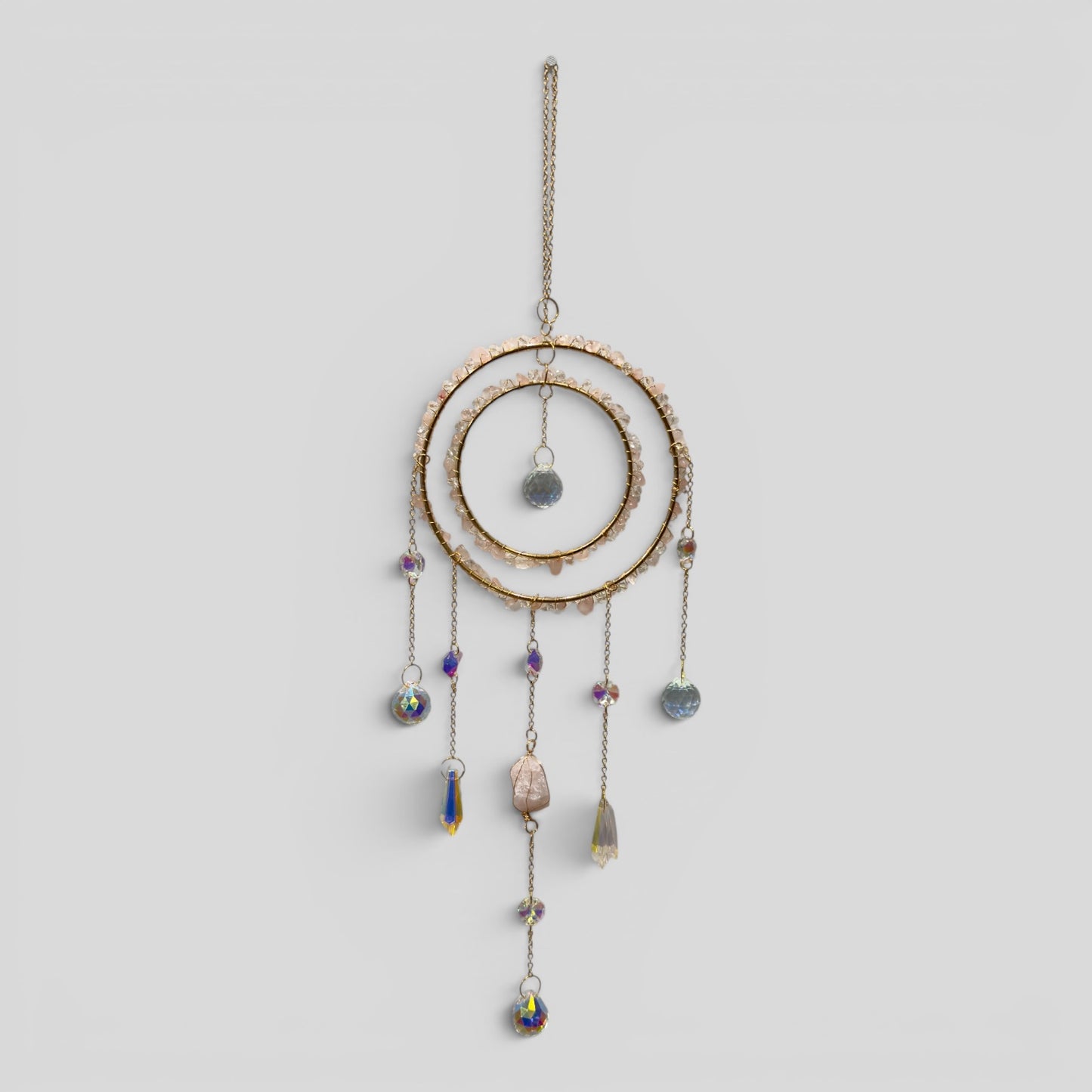 Large Rose Quartz Crystal Double Ring Suncatcher – Celestial Boho Window Hanging