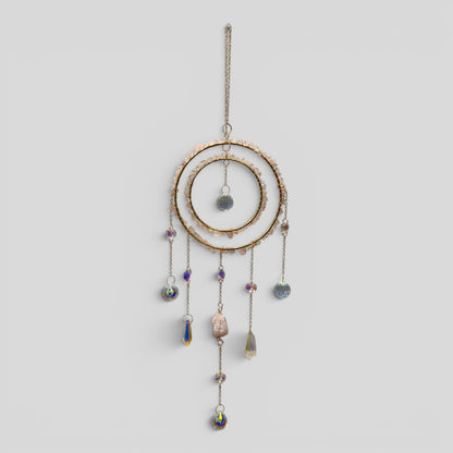 Large Rose Quartz Crystal Double Ring Suncatcher – Celestial Boho Window Hanging