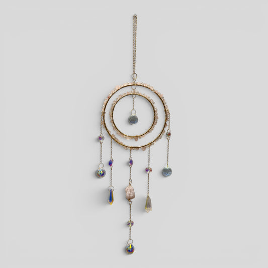 Gold hoop crystal suncatcher with dangling multi-color bead drops on chain