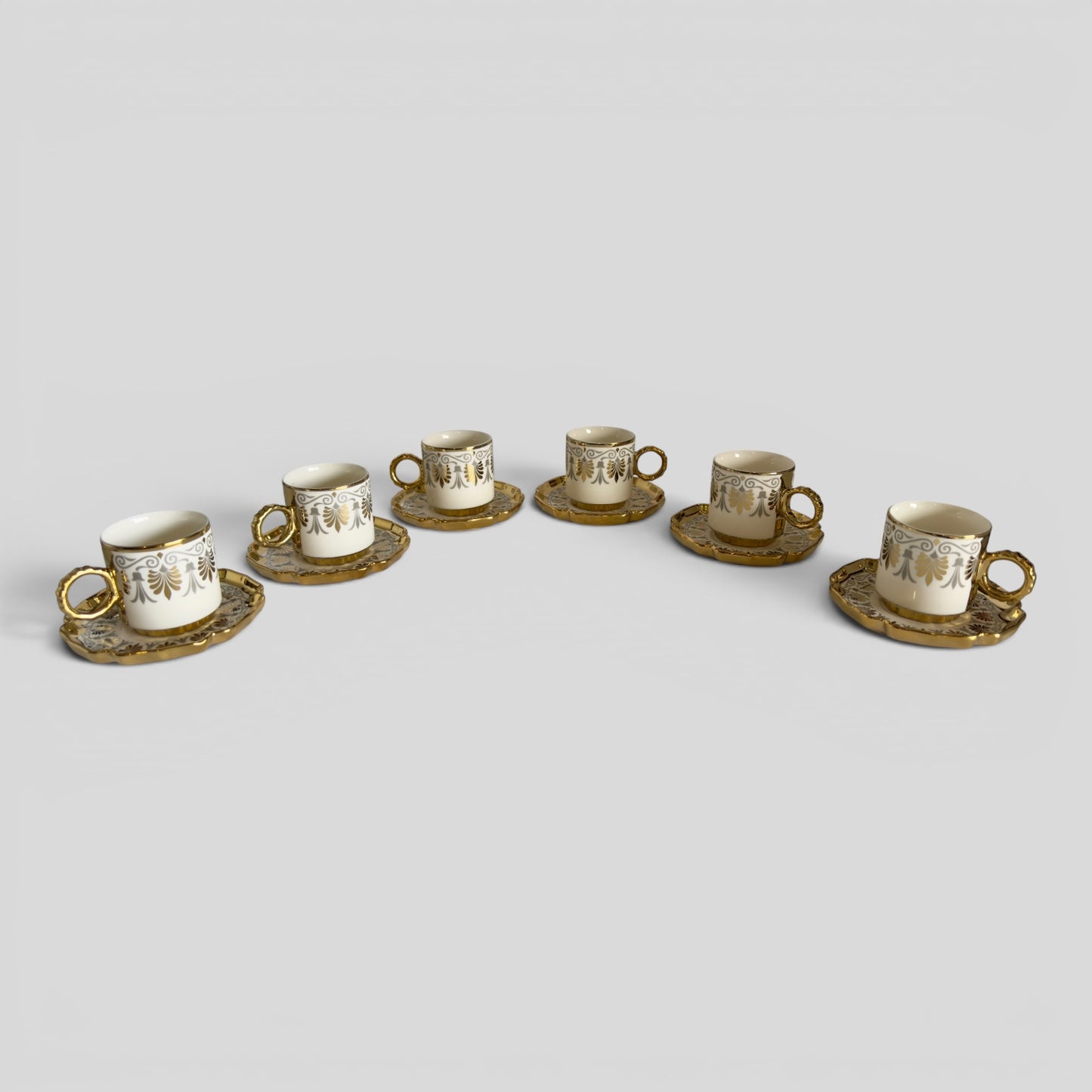 Luxury Turkish Coffee Cup Set for 6 – White Porcelain with Gold Accents & Matching Saucers