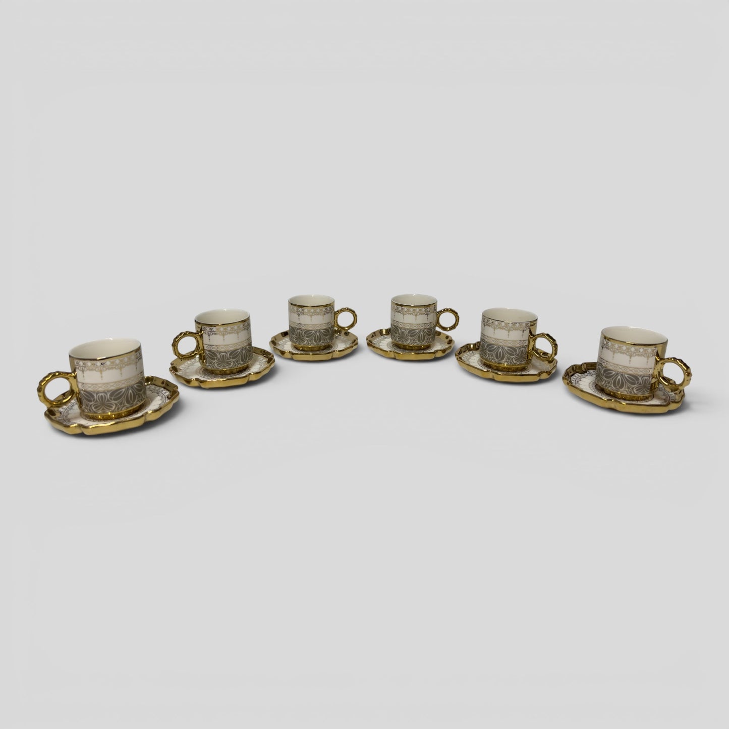 Luxury Turkish Coffee Cup Set for 6 – White & Charcoal Porcelain with Gold Accents