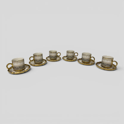 Luxury Turkish Coffee Cup Set for 6 – White & Charcoal Porcelain with Gold Accents