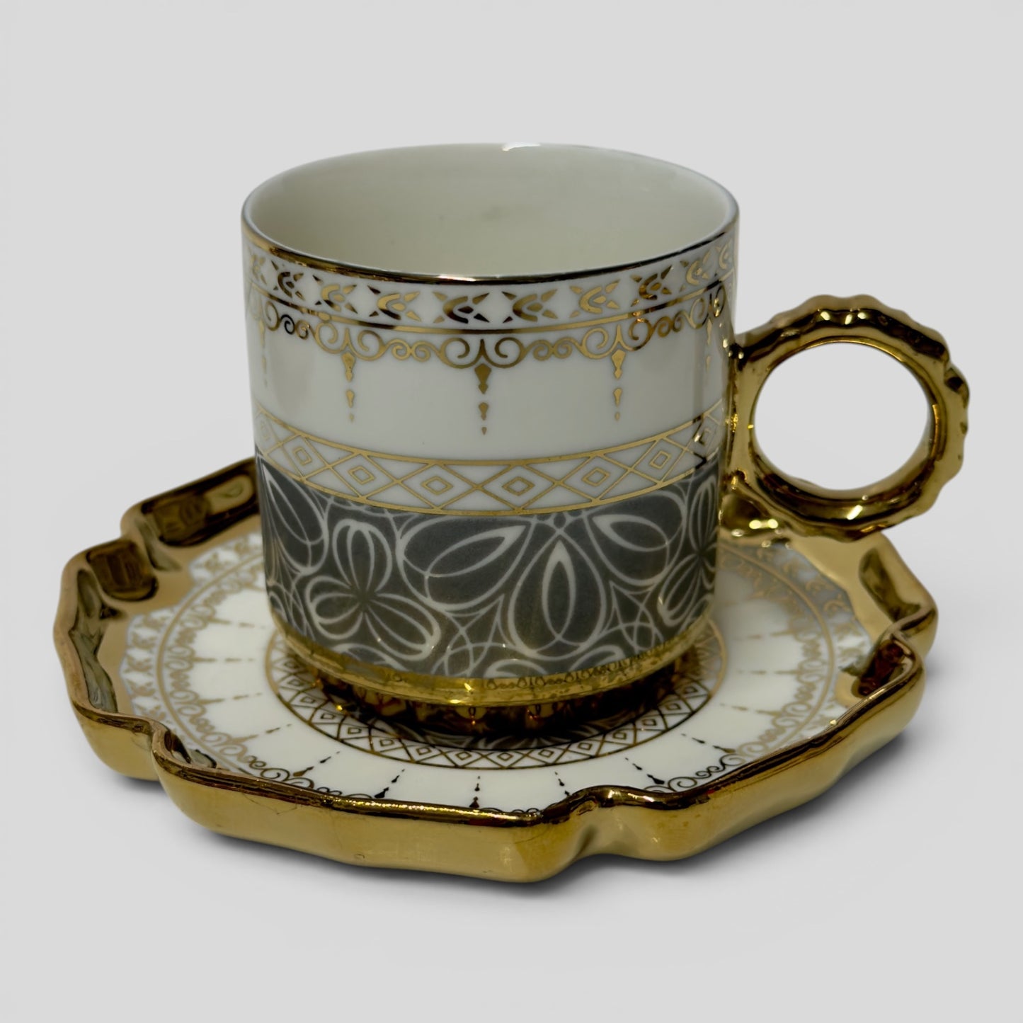 Luxury Turkish Coffee Cup Set for 6 – White & Charcoal Porcelain with Gold Accents