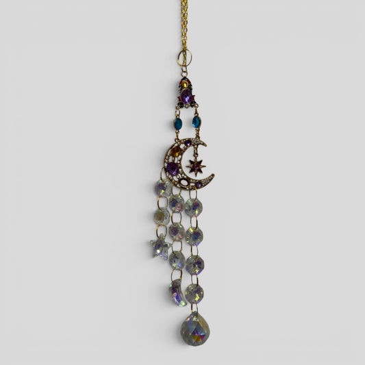 Crystal moon and star suncatcher with dangling faceted rainbow beads and crescent charm