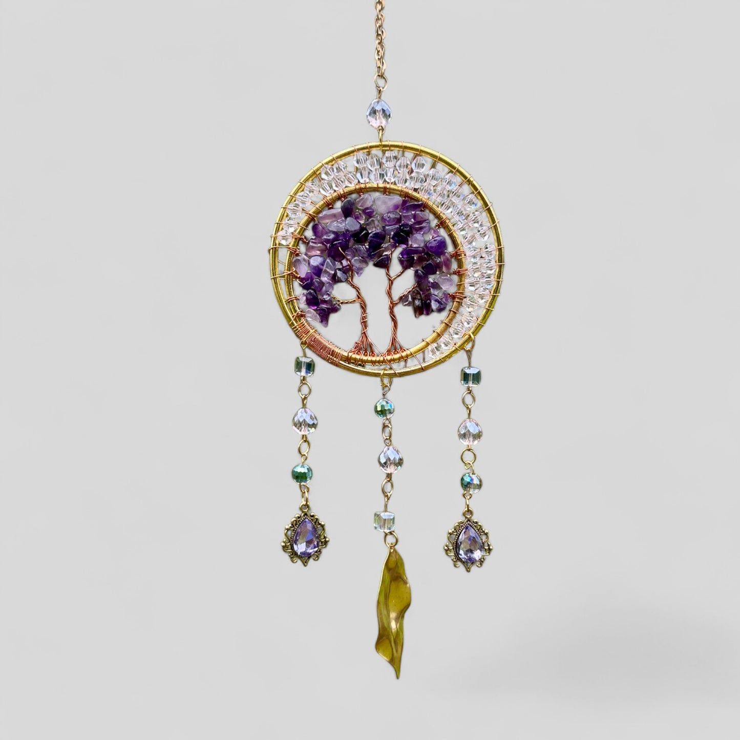 Gold Metal Dual Ring Dreamcatcher with 2 Trees of Life Amethyst Stones & Hanging Jewel Charms  -- Rearview Mirror Hanging or Wall Hanging