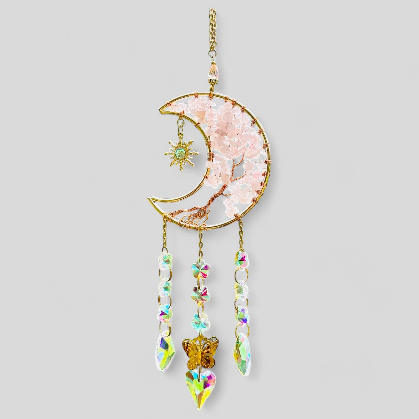 Gold Metal Crescent Moon Dreamcatcher Suncatcher con árbol de la vida cuarzo rosa y amuletos de joyas colgantes - colgante de ventana o colgante de pared