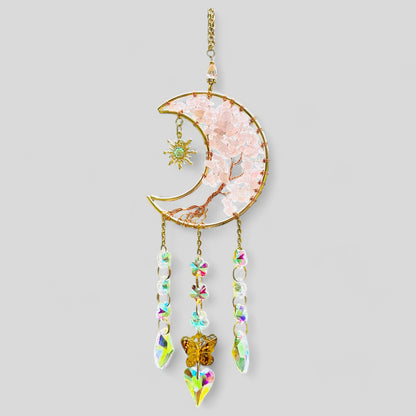 Gold Metal Crescent Moon Dreamcatcher Suncatcher con árbol de la vida cuarzo rosa y amuletos de joyas colgantes - colgante de ventana o colgante de pared