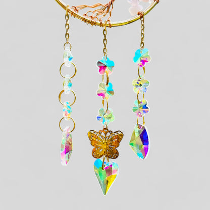 Gold Metal Crescent Moon Dreamcatcher Suncatcher con árbol de la vida cuarzo rosa y amuletos de joyas colgantes - colgante de ventana o colgante de pared