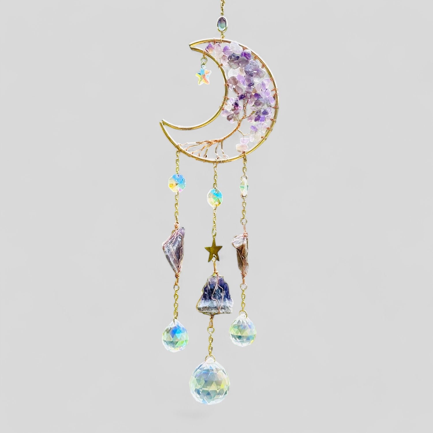 Gold crescent moon dreamcatcher suncatcher with amethyst stones and hanging jewel charms