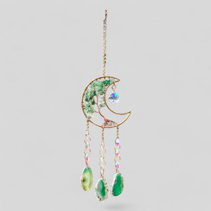 Gold Metal Crescent Moon Dreamcatcher Suncatcher con árbol verde de la vida aventurina y amuletos de joyas colgantes - colgante de ventana o colgante de pared