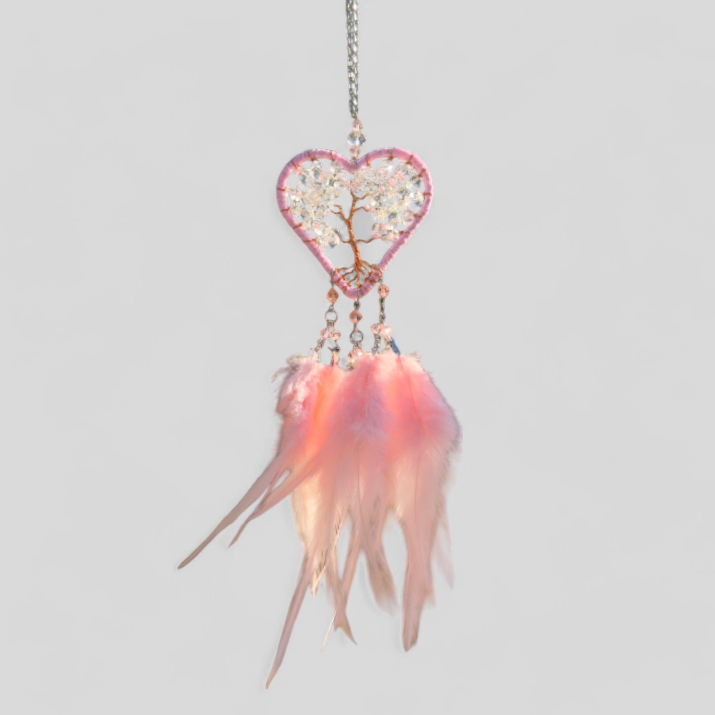 Handmade Pink Heart Shape Tree of Life Dreamcatcher with Pink Feathers - Rose Quartz Rearview Mirror Hanging or Wall Hanging