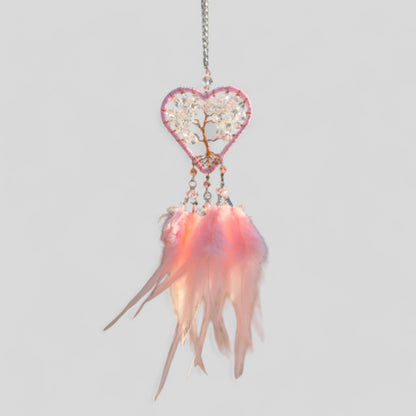 Handmade Pink Heart Shape Tree of Life Dreamcatcher with Pink Feathers - Rose Quartz Rearview Mirror Hanging or Wall Hanging