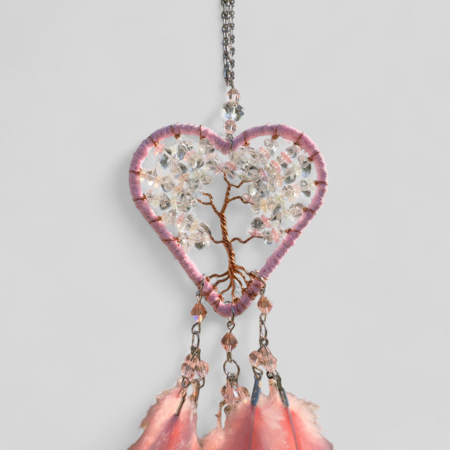 Handmade Pink Heart Shape Tree of Life Dreamcatcher with Pink Feathers - Rose Quartz Rearview Mirror Hanging or Wall Hanging