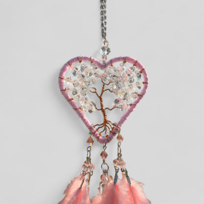 Atrapasueños de árbol de la vida en forma de corazón rosa hecho a mano con plumas rosas - Espejo retrovisor de cuarzo rosa colgante o colgante de pared - ¡Envío rápido!