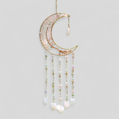 Gold Metal Crescent Moon Dreamcatcher Suncatcher con árbol verde de la vida aventurina y amuletos de joyas colgantes - colgante de ventana o colgante de pared