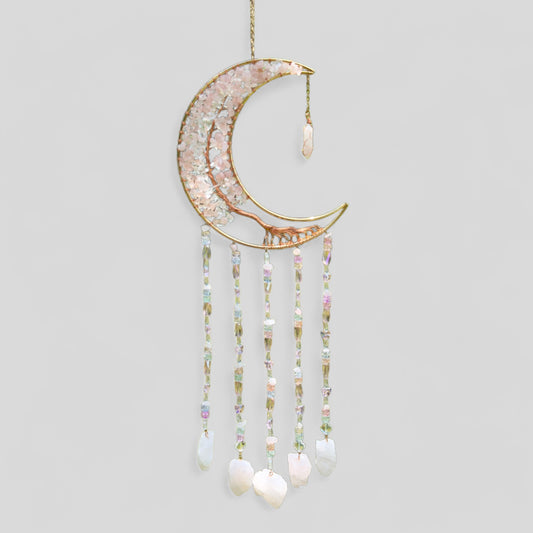 Gold Metal Crescent Moon Dreamcatcher Suncatcher with Rose Quartz Tree of Life & Hanging Jewel Charms -- Window Hanging or Wall Hanging