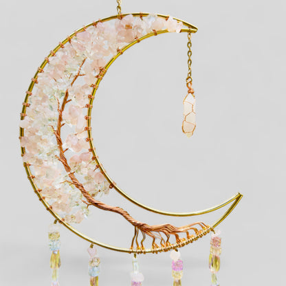 Gold Metal Crescent Moon Dreamcatcher Suncatcher con árbol verde de la vida aventurina y amuletos de joyas colgantes - colgante de ventana o colgante de pared