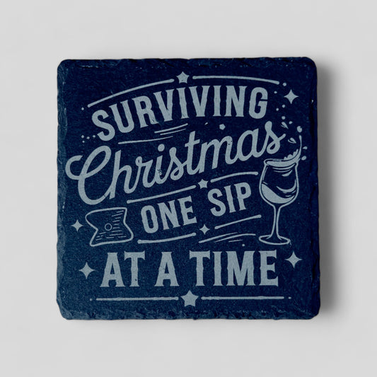 4" x 4" Christmas Slate Coasters - Surviving Christmas One Sip at a Time - Single, 2 Pack, 4 Pack, and more