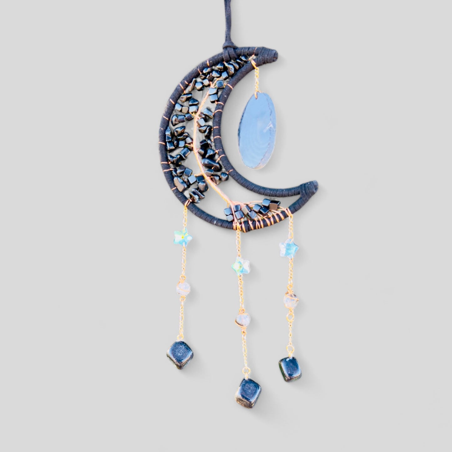 Black Crescent Moon Dreamcatcher Suncatcher Black Obsidian with Hanging Sliced Agate & Hanging Jewel Charms -- Window Hanging or Wall Hanging