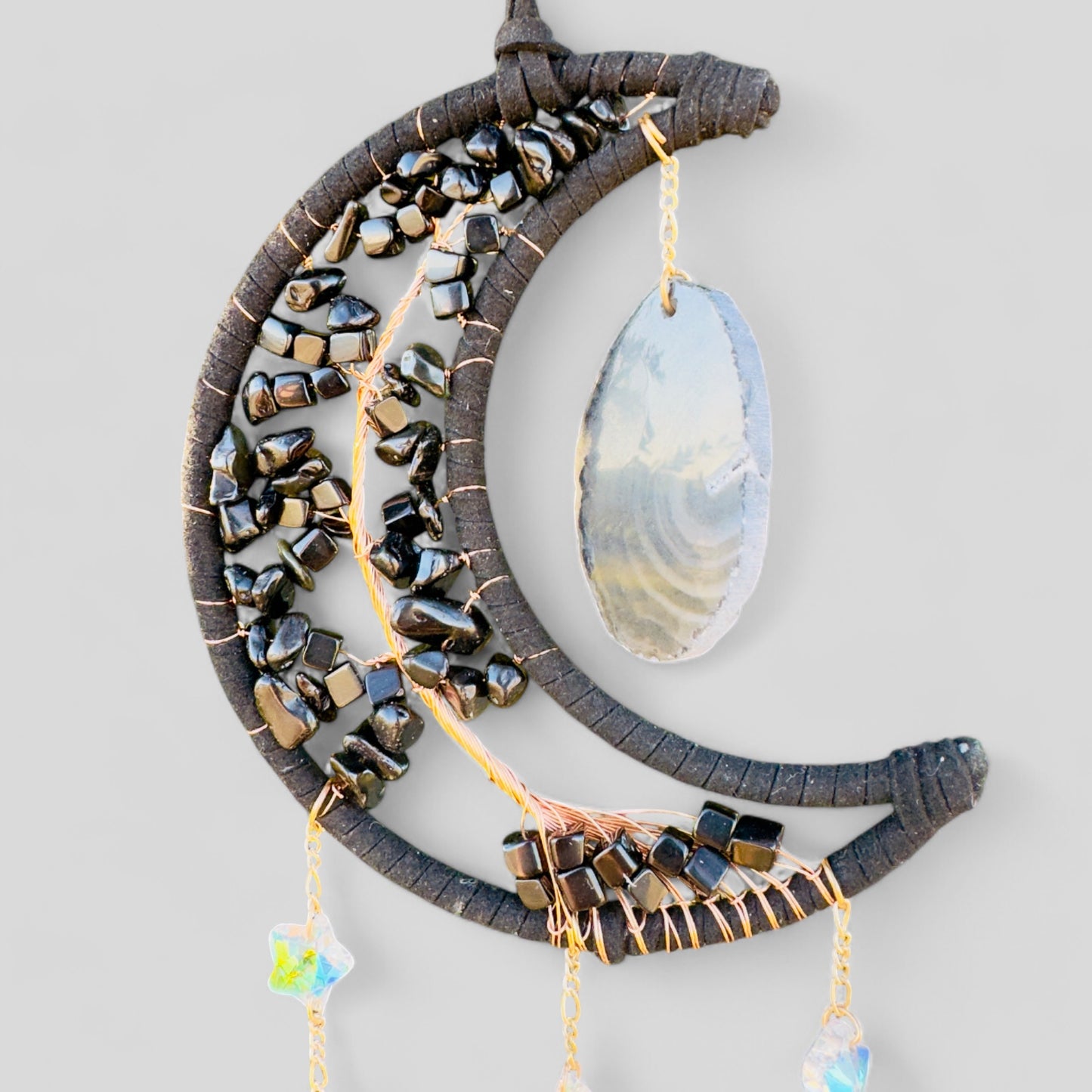 Black Crescent Moon Dreamcatcher Suncatcher Black Obsidian with Hanging Sliced Agate & Hanging Jewel Charms -- Window Hanging or Wall Hanging