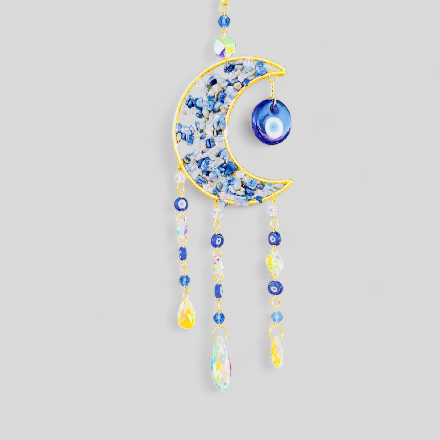 Gold Metal Crescent Moon Dreamcatcher Suncatcher with Hanging Evil Eye Charm and Prisms  -- Window Hanging or Wall Hanging