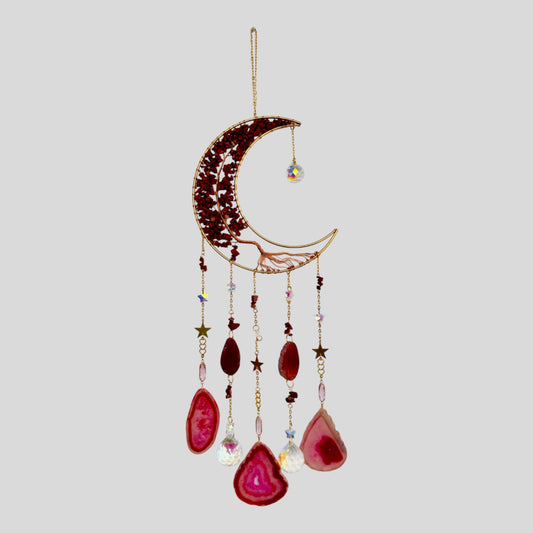 Atrapasueños de luna creciente colgante de pared mediana con piedras de obsidiana negra y encanto de piedra colgante oscurecido decoración moderna del hogar Árbol de la vida