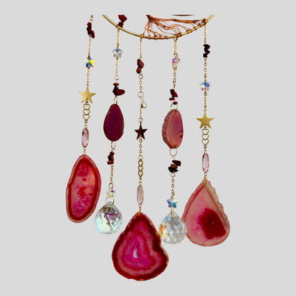 Wall Hanging Crescent Moon Dream Catcher with Red Stones & Hanging Crystal with Red Sliced Agate