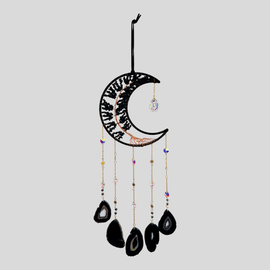Atrapasueños de luna creciente colgante de pared mediana con piedras de obsidiana negra y encanto de piedra colgante oscurecido decoración moderna del hogar Árbol de la vida