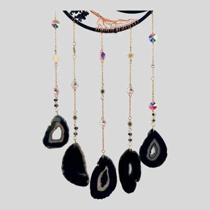 Wall Hanging Crescent Moon Dream Catcher with Black Obsidian Stones & Hanging Stone Charm Blacked Out with Sliced Agate