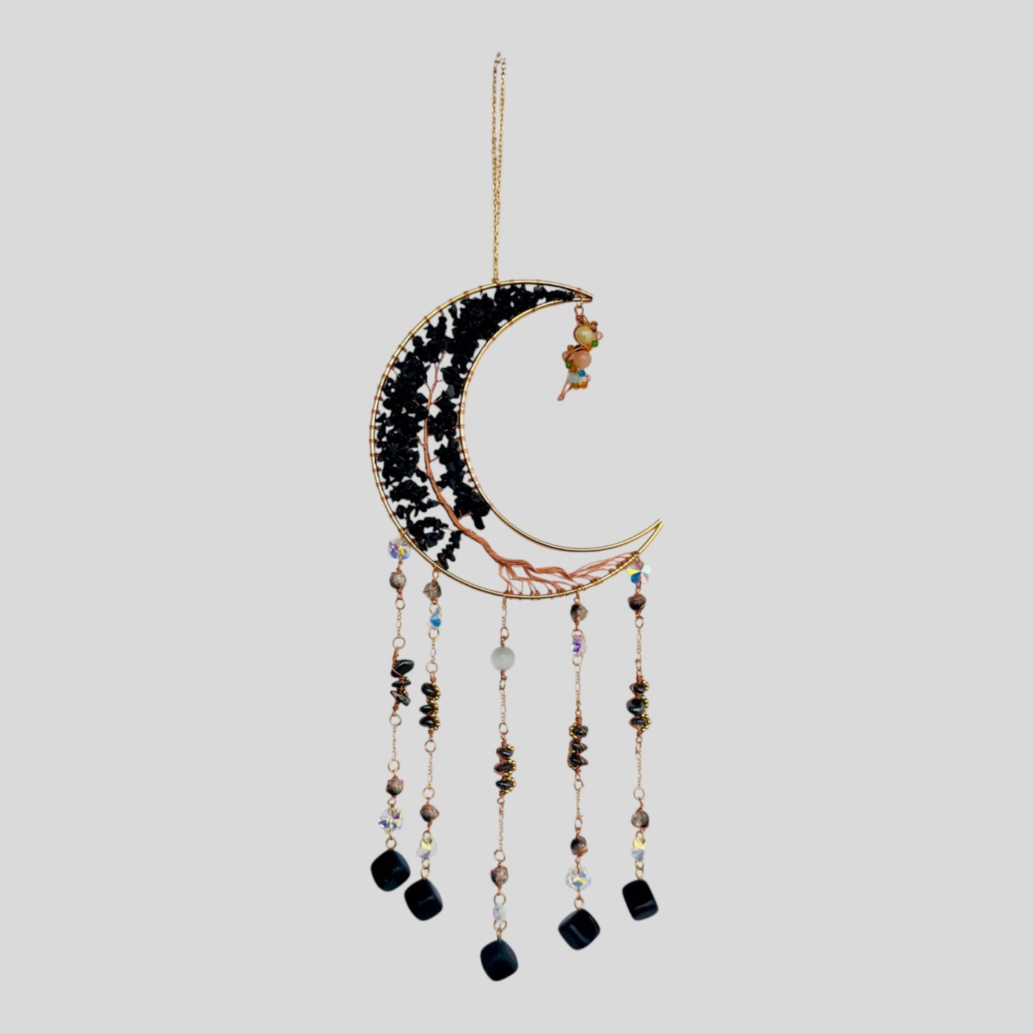 Gold Metal Crescent Moon Dreamcatcher Suncatcher con árbol verde de la vida aventurina y amuletos de joyas colgantes - colgante de ventana o colgante de pared