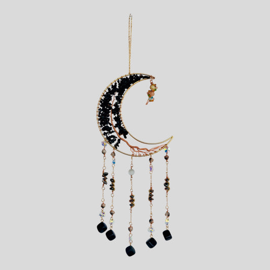 Gold Metal Crescent Moon Dreamcatcher Suncatcher con árbol verde de la vida aventurina y amuletos de joyas colgantes - colgante de ventana o colgante de pared